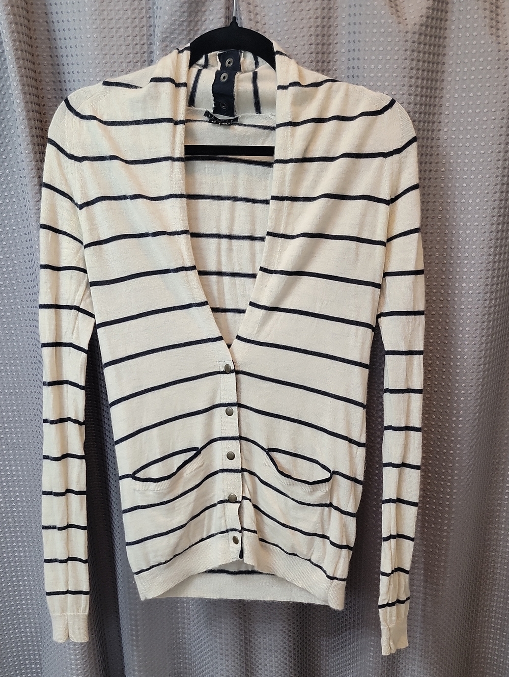 Theory 100% Cashmere Navy Strip Cardigan Sweater With Button Back Size S